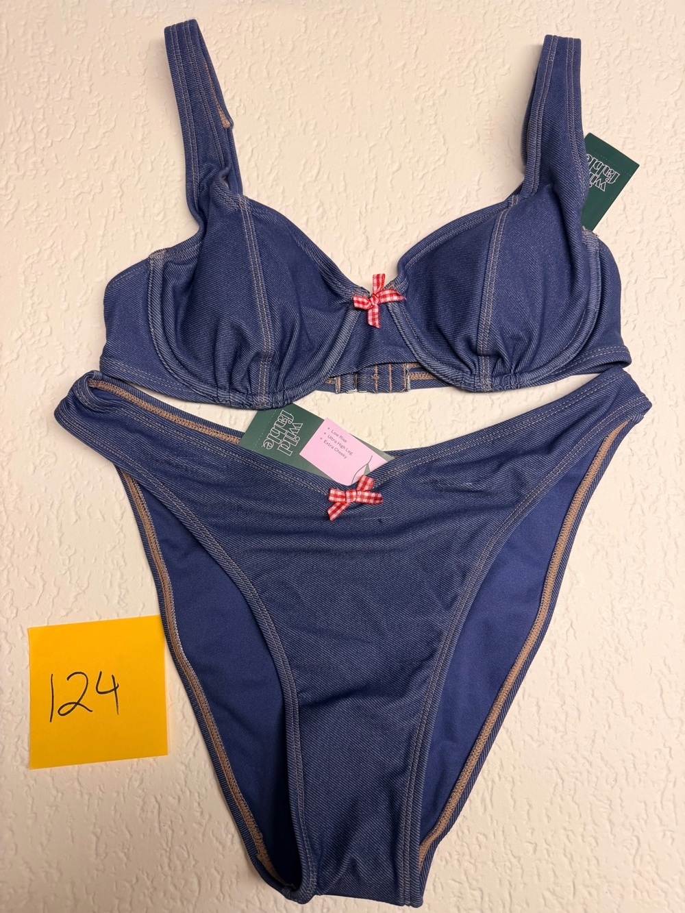 wild fable Blue Underwire Bikini Set with Red Gingham Bows
